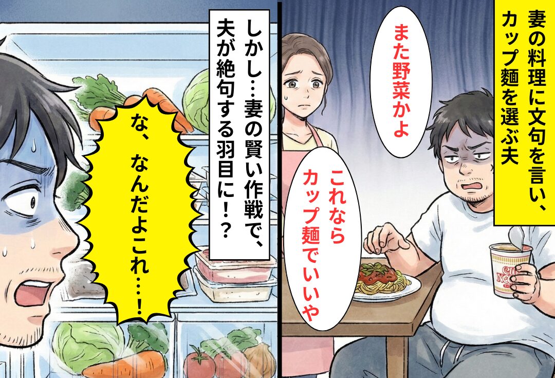 妻の料理に…夫「こんなもん食うならカップ麺でいいや」しかし後日⇒冷蔵庫を開け…夫が真っ青になった【ワケ】！？