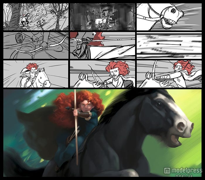 カラースクリプト:スティーブ・ピルチャー/ストーリーボード:エマ・コーツ、ブライアン・ラーセン《カラースクリプト/ストーリーボード:メリダのオープニングシーン》『メリダとおそろしの森』(2012年)デジタルペインティング(C)Disney/Pixar