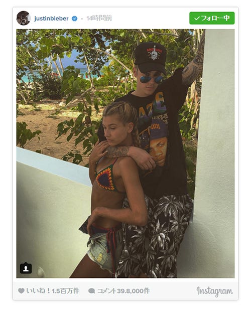 ジャスティン・ビーバー、ビキニ美女と密着/Instagramより