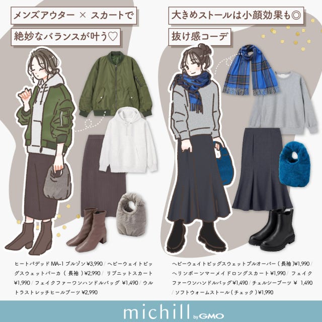 GU メンズアイテム 彼服 ゆるカワコーデ 6パターン たむ イラスト GU メンズアイテム 彼服 ゆるカワコーデ 6パターン たむ イラスト メンズアウター×ニットスカート スウェット×マーメイドスカート