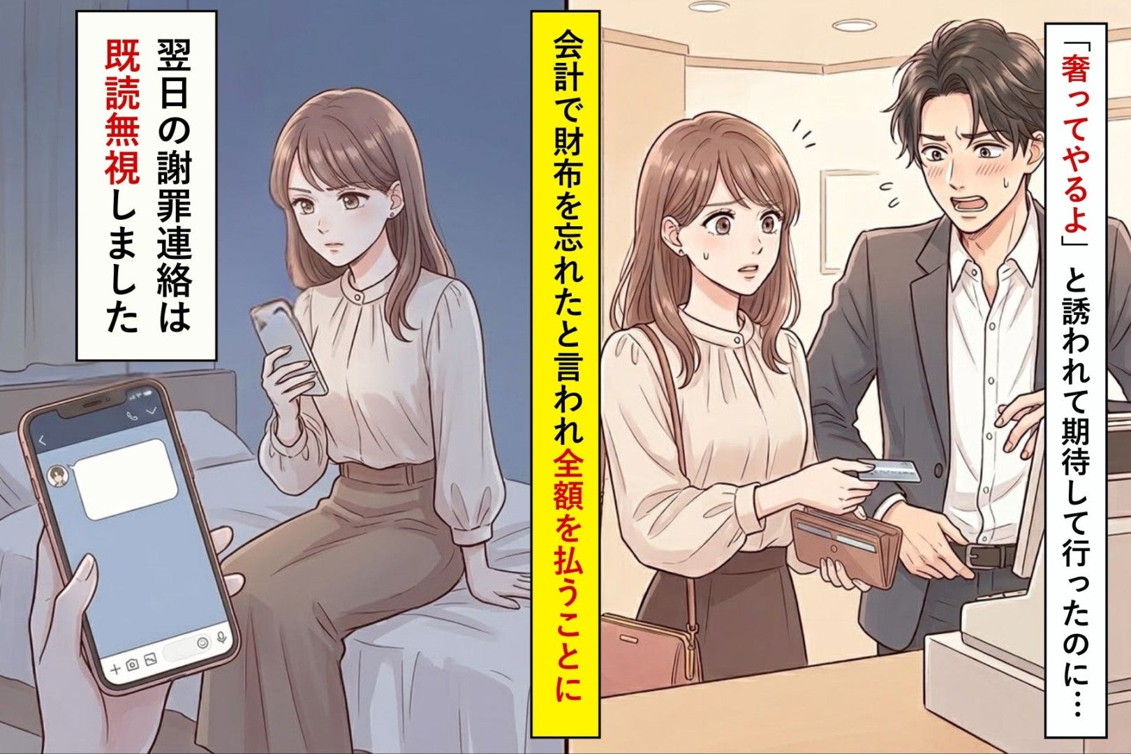 「奢ってやるよ」と誘われて期待して行ったのに、会計で財布を忘れたと言われ全額を払うことに…翌日の謝罪は既読無視しました