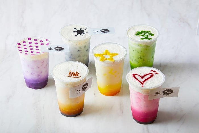 ブラックインク660円、手摘み抹茶/孫右ヱ門800円、パープルミスト580、イエロースター580円、フラットホワイト550円、レッドベルベッド680円／画像提供：ink. by CANVASTOKYO<br />