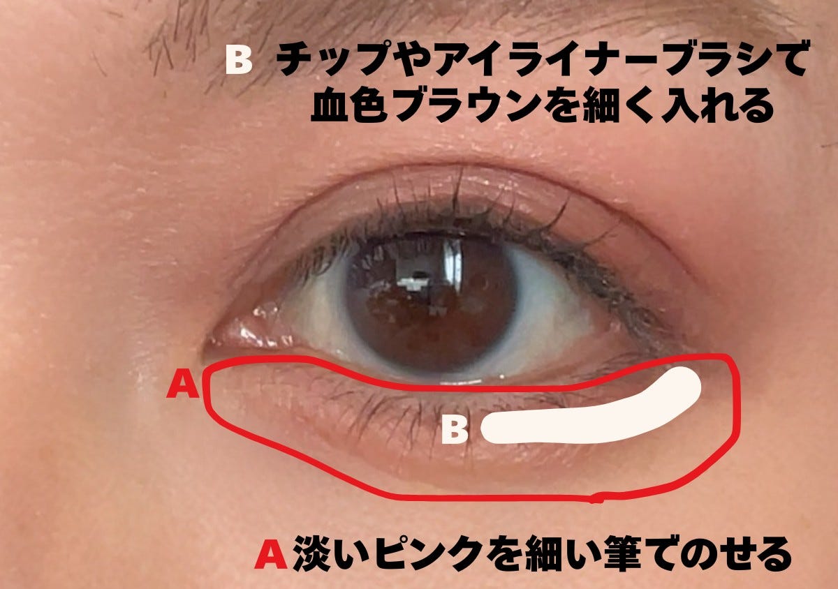 下まぶたに淡いピンクと血色ブラウンを入れる位置の図解