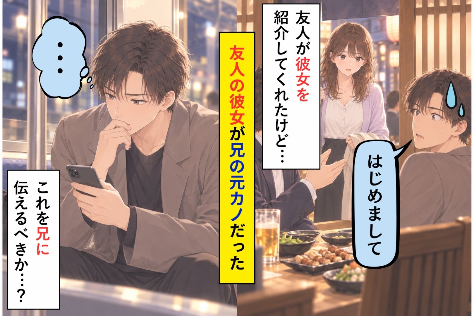 友人の恋人は、兄が３年前に別れた人でした。彼女が席を立ったすきに俺が打ち明けたこと