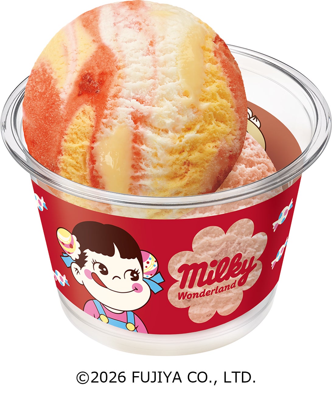 ペコちゃんダブルカップ スモールダブル 510円／レギュラーダブル 760円（C）2026 FUJIYA CO．，LTD．