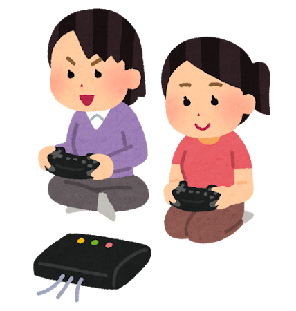 据置型ゲーム機で遊ぶ子供達のイラスト(女性)