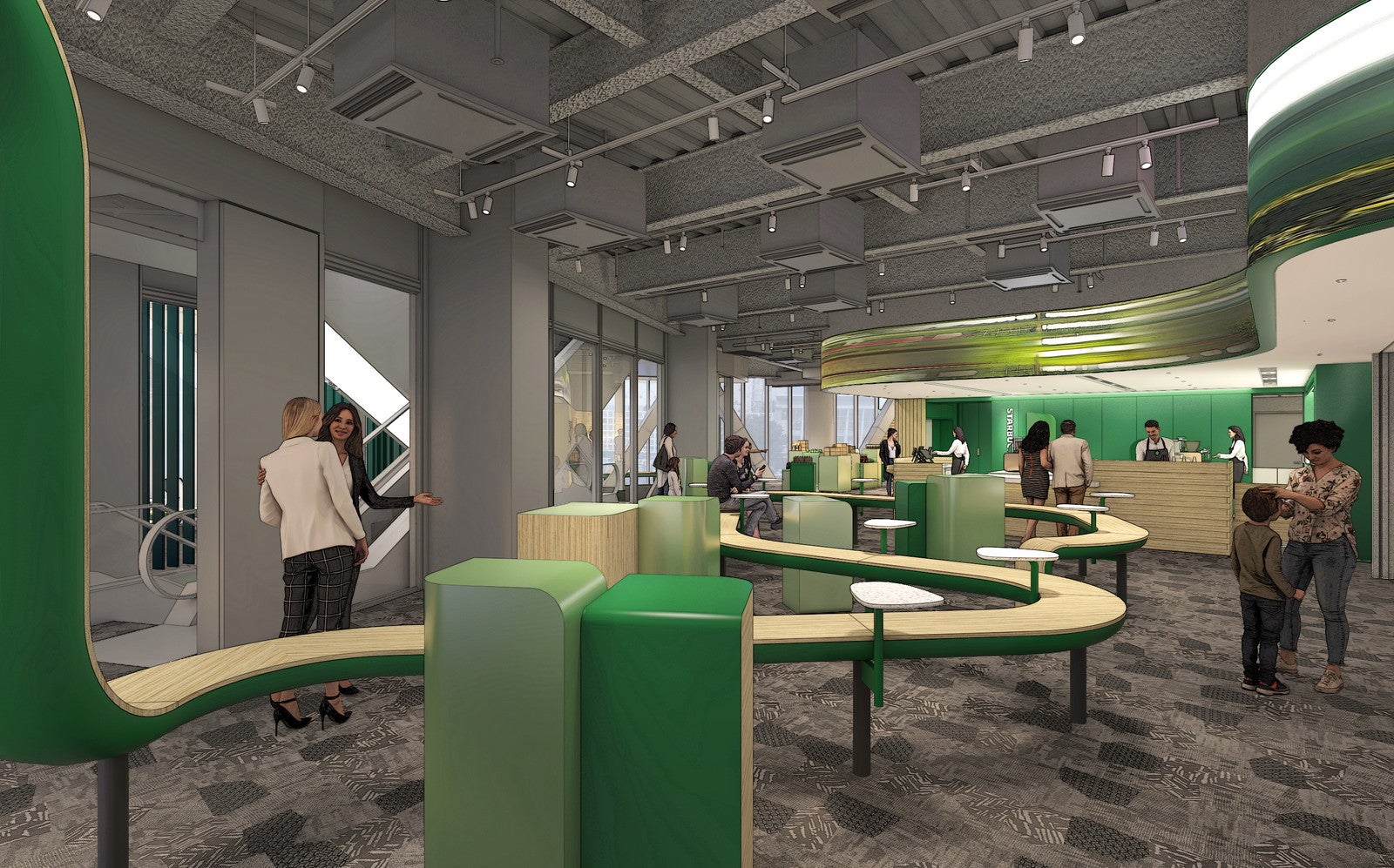 スタバ、渋谷TSUTAYA内店舗がリニューアル　緑色のリボンがフロア彩る全100席