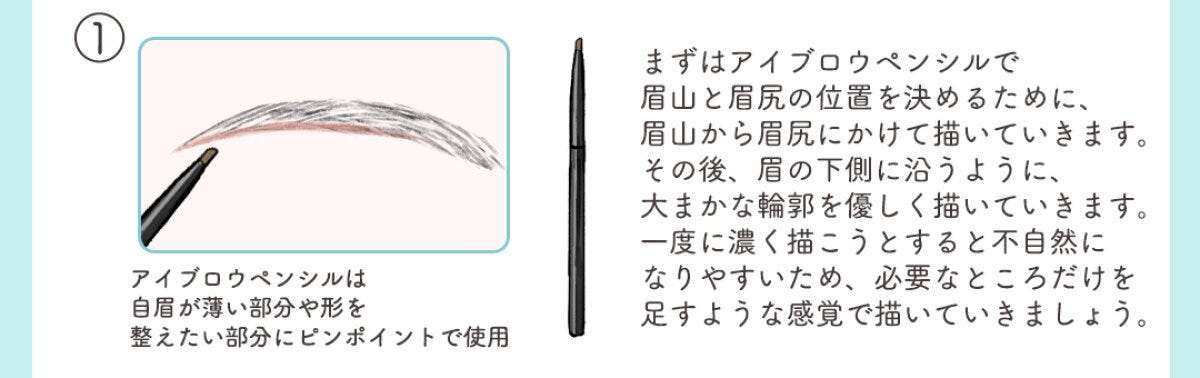 アイブロウペンシルで眉山から眉尻を描き輪郭を整えるイラスト