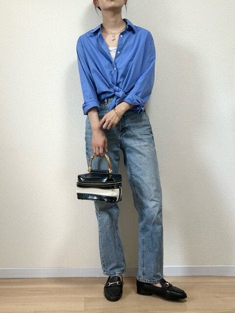 ユニクロ　コットンシャツ　ショート丈　アレンジ