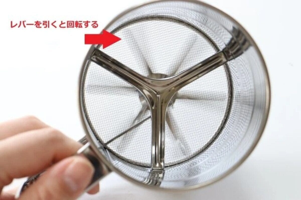 粉ふるいの底面にある網と回転する羽根、レバー操作の指示 粉ふるいの底面にある網と回転する羽根、レバー操作の指示