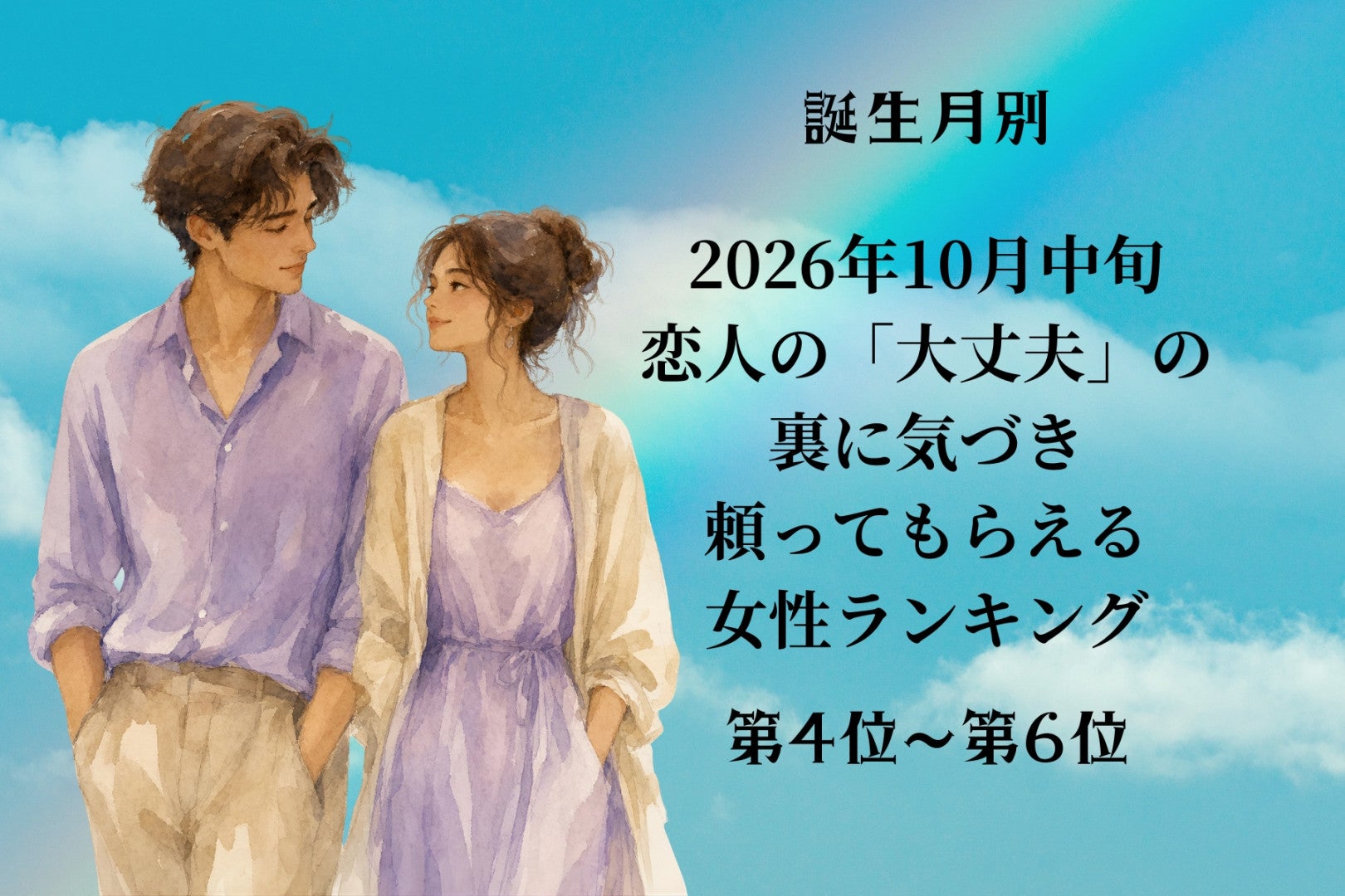 【誕生月別】10月中旬、恋人の「大丈夫」の裏に気づき、頼ってもらえる女性ランキング＜第４位～第６位＞