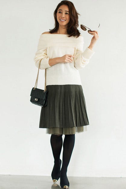 【SET】オフショル2way起毛ニットプルオーバー+エステルドビー×チュールプリーツスカート「STYLEST」6,130円(税別)/画像提供:STYLEST