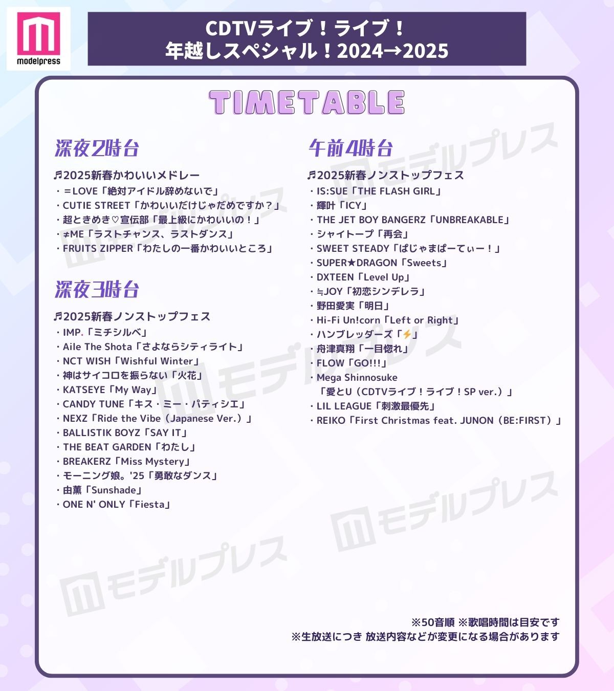 「CDTVライブ！ライブ！年越しスペシャル！2024→2025」タイムテーブル（C）モデルプレス