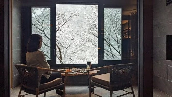 窓を開けると外の木々に手が届きそう。渓流の流れも聞こえてくる