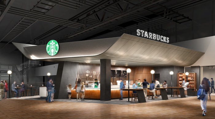 機体の垂直尾翼部分の形状を取り入れて屋根が特長的なバーカウンター／画像提供：スターバックス コーヒー ジャパン