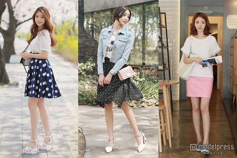 ガーリー派の強い見方！ドット柄スカートがあれば気分もポップに／画像提供：左から「OGAGE JAPAN」、「ENVYLOOK」、「OGAGE JAPAN」【モデルプレス】