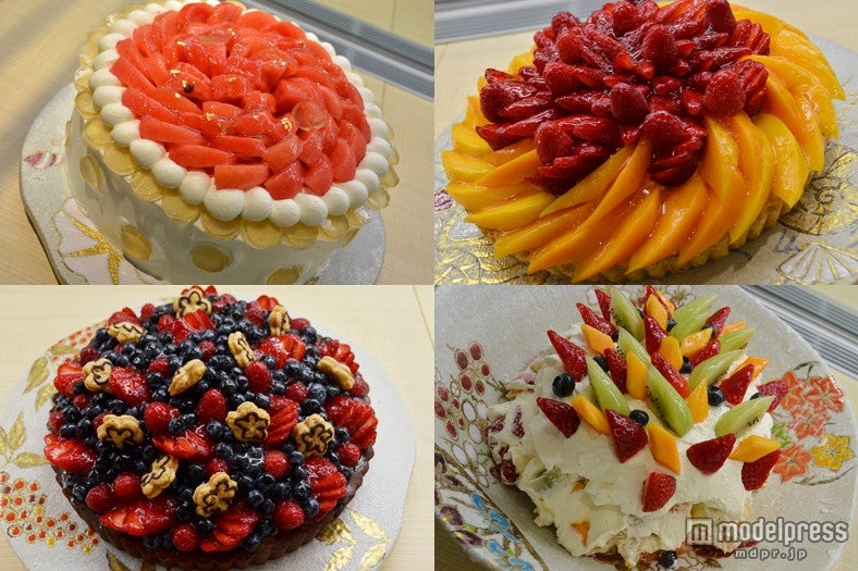 （左上より時計回り）「熊本県産「黒小玉スイカ」とはちみつゼリーのショート」、「いちごとマンゴーのタルト」、「プラドフリュイ」、「ショコラベリー」