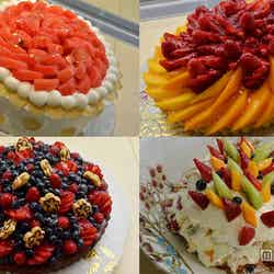 (左上より時計回り)「熊本県産「黒小玉スイカ」とはちみつゼリーのショート」、「いちごとマンゴーのタルト」、「プラドフリュイ」、「ショコラベリー」