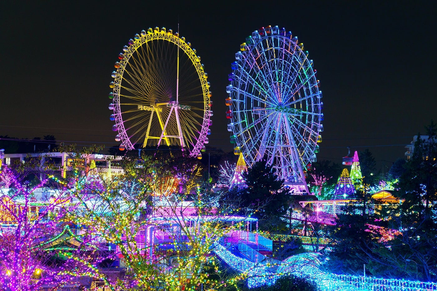 左が「大観覧車」、右が「Sky-Go-LAND」。新観覧車のLED照明の美しさと華やかさに思わずため息