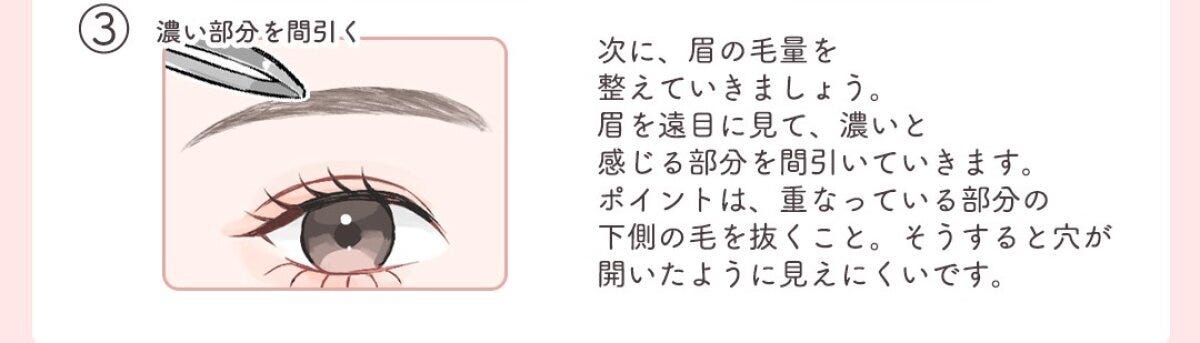 眉の濃い部分を毛抜きで間引いて毛量を調整するイラスト