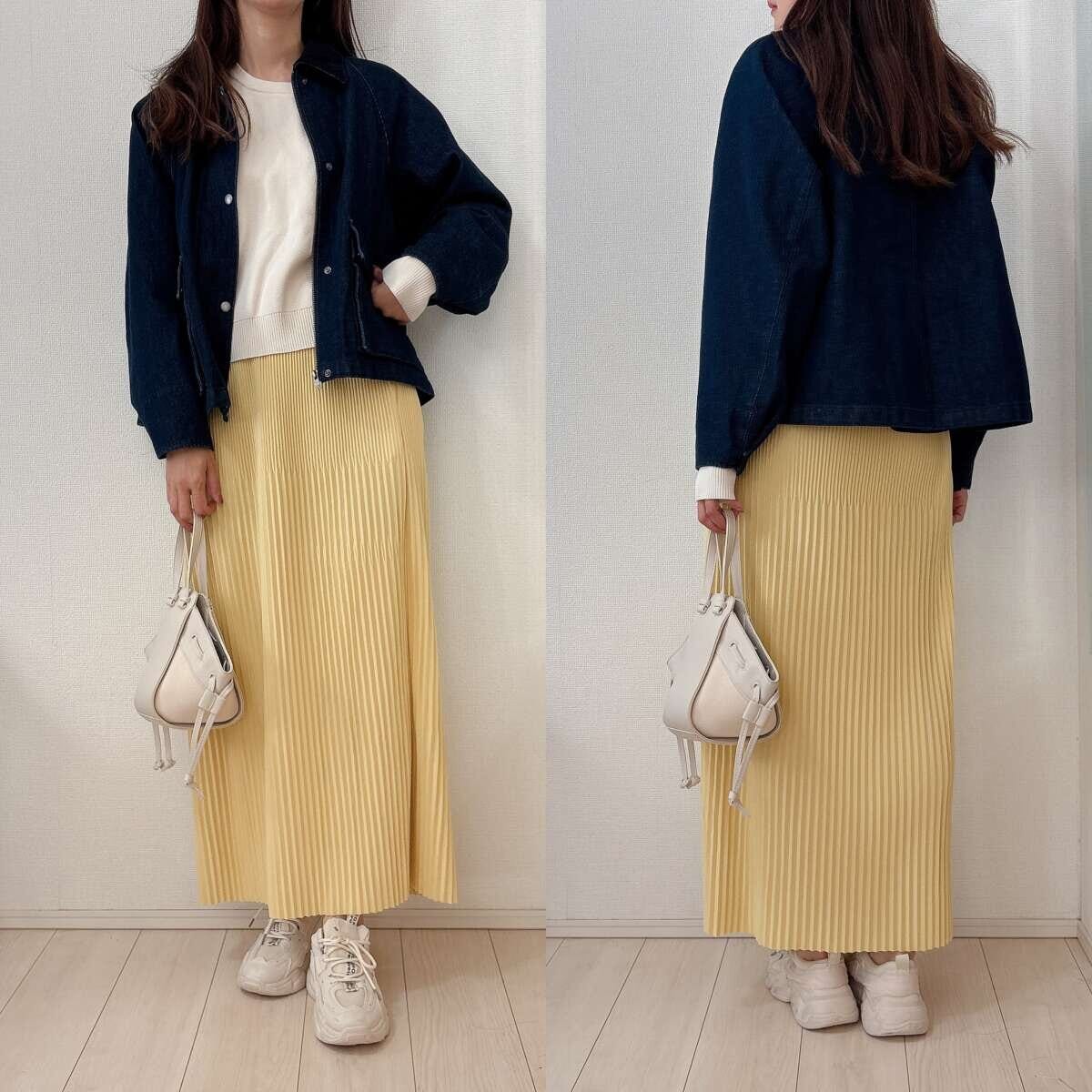ユニクロ　ユーティリティショートジャケットデニム　イエローリブスカート×ニットコーデ
