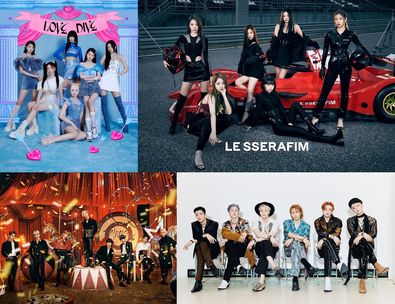 （上段）IVE、LE SSERAFIM（下段） Stray Kids、ASTRO（提供写真）