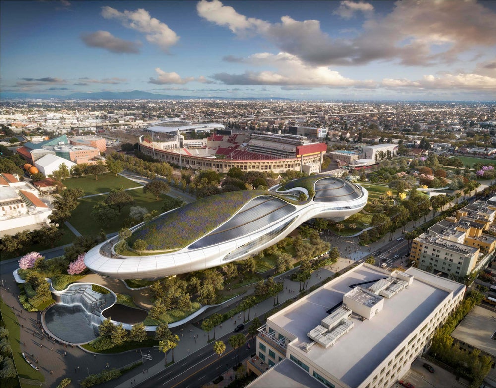 ルーカス・ミュージアム・オブ・ナラティブ・アート／Lucas Museum of Narrative Art aerial view rendering, courtesy of the Lucas Museum of Narrative Art