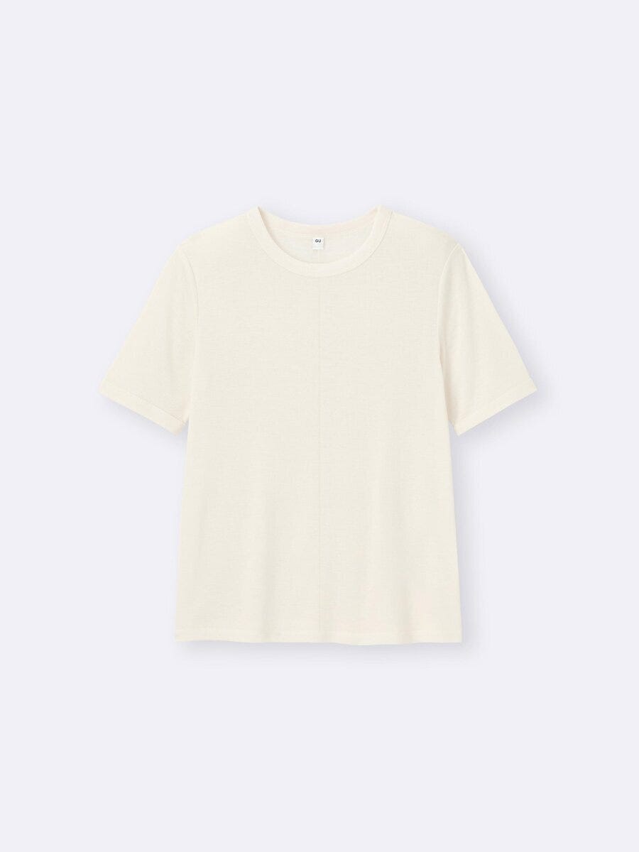 オフホワイトのソフトシアークルーネックTシャツを平置きした様子