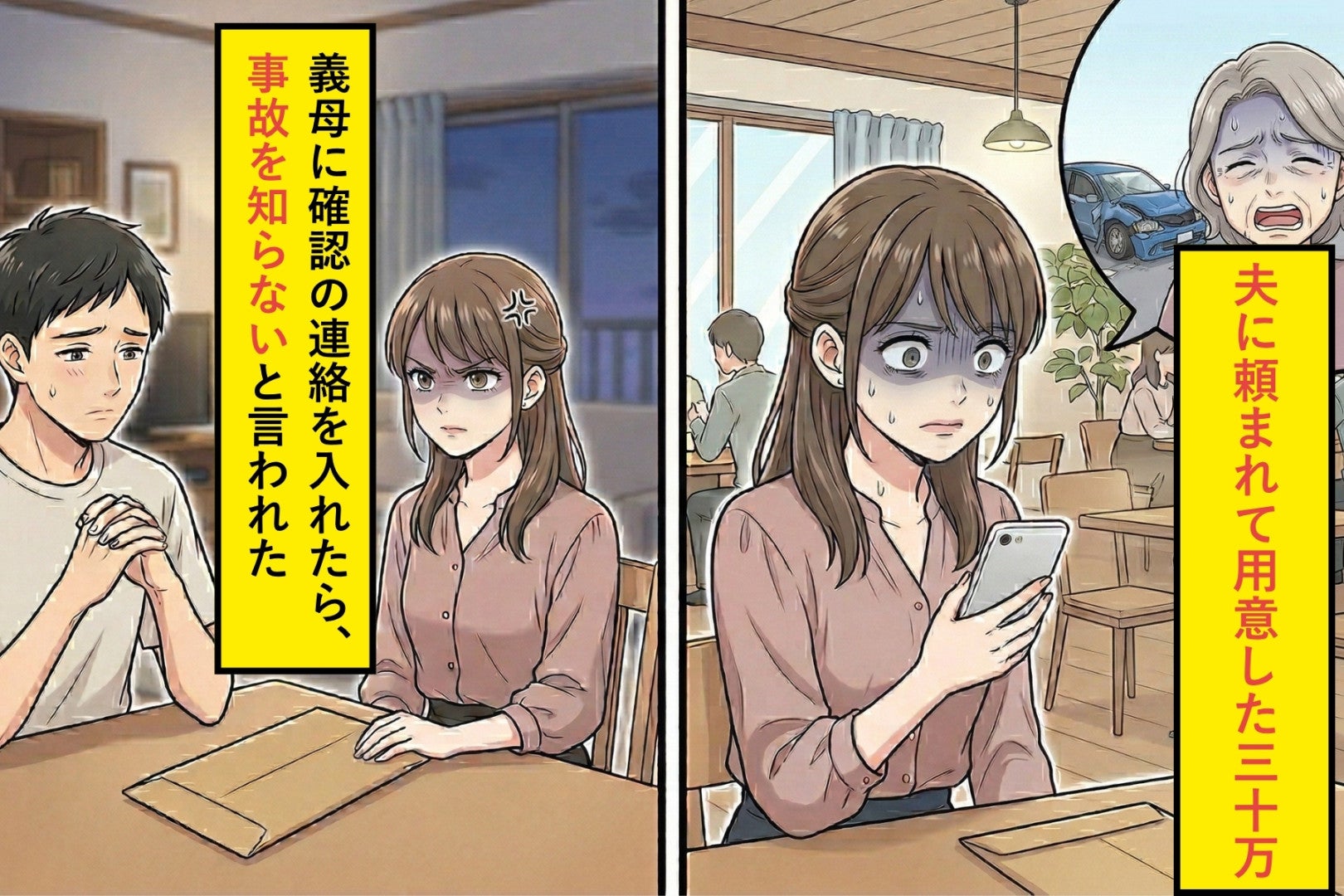 夫に頼まれて用意した30万。義母に確認の連絡を入れたら、事故を知らないと言われた