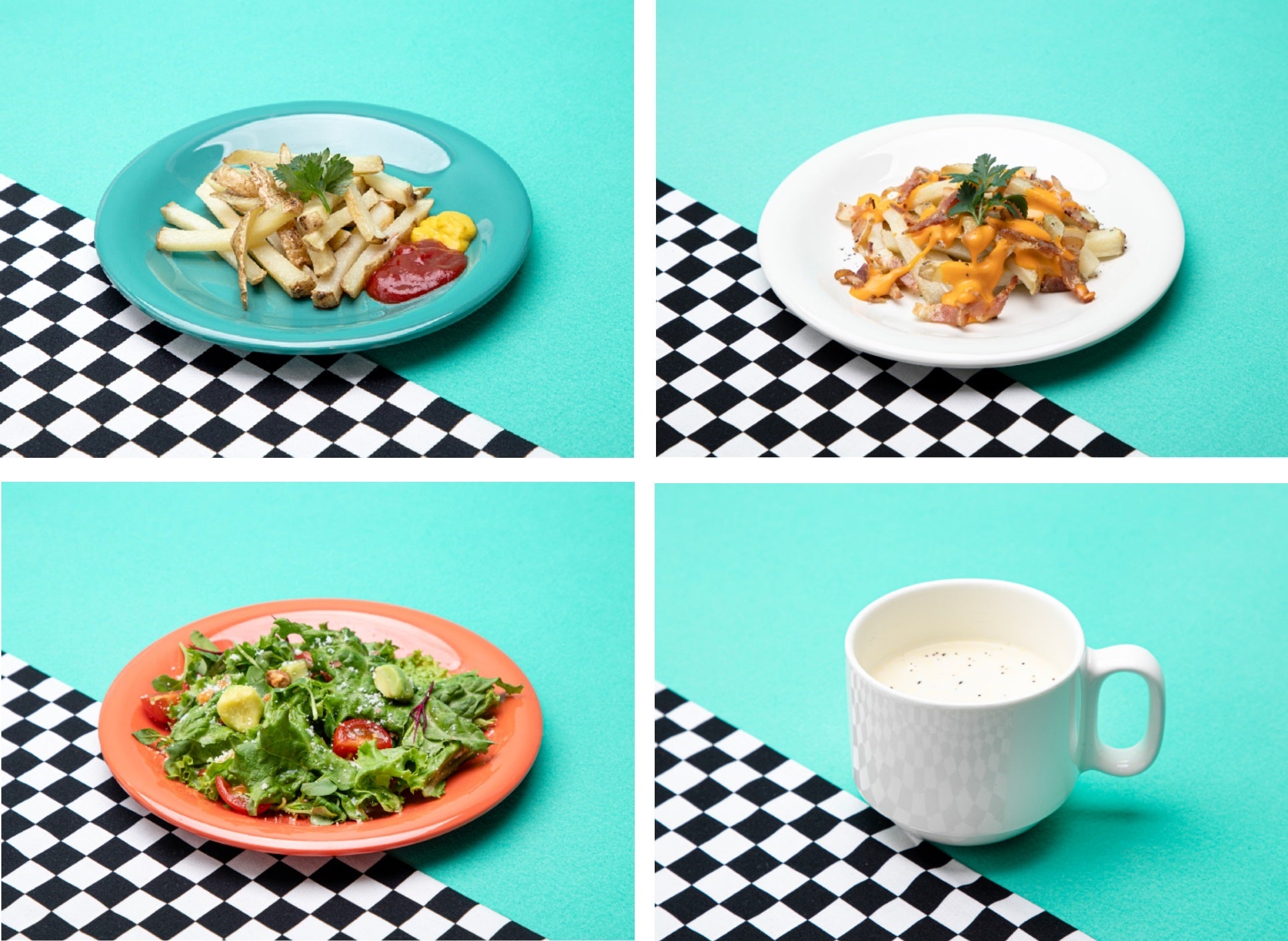 ＜セットメニュー＞A,フライドポテトセット、B,チーズ＆ベーコンポテトセット、C,サラダセット、D,クラムチャウダーセット（C）TRUZ