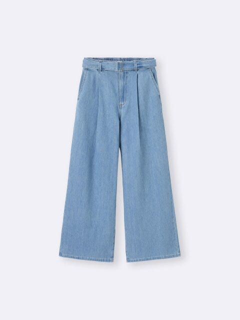 ライトデニムベルテッドワイドパンツ 2025gu春夏レディースセットアップライトデニムベルテッドワイドパンツ