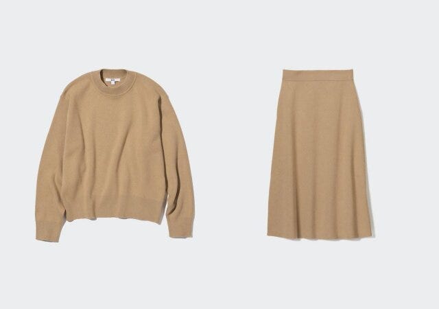 ユニクロ　uniqlo　レディース　おすすめ　オススメ　コスパ　2023　春　時短　簡単　セットアップ　ラク　楽　スムースコットンクルーネックセーター　セーター　ニット　スムースコットンブレンドスカート　スムースコットン　ニットアップ