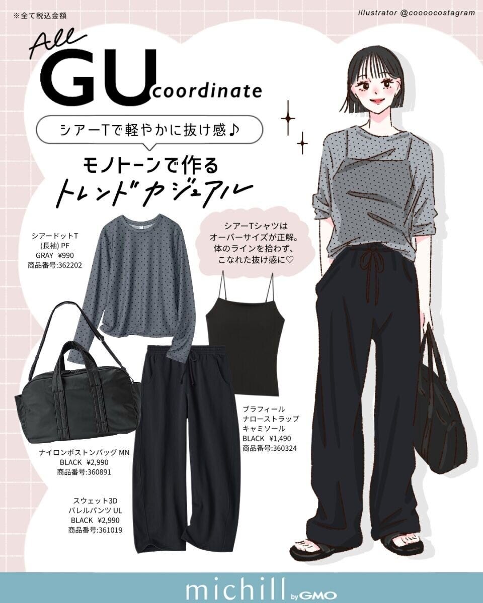 モノトーンのシアーTとバレルパンツコーデのイラストと商品情報 モノトーンのシアーTとバレルパンツコーデのイラストと商品情報