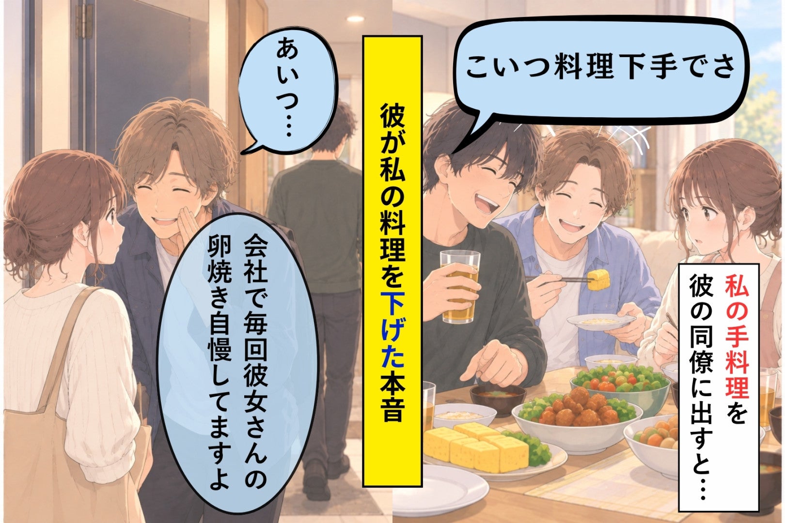 友達の前で「こいつ料理下手でさ」と笑った彼氏→帰り際の玄関で、その友達が私にだけ伝えた一言