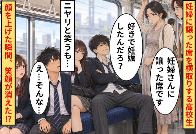 「好きで妊娠したんだろ？」妊婦に譲った席を横取りする高校生！？ニヤリと笑うも⇒顔を上げた瞬間、笑顔が消えたワケ