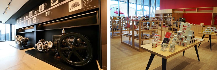 展示エリアの「HB型エンジン」、ミュージアムショップ／画像提供：ヤンマー