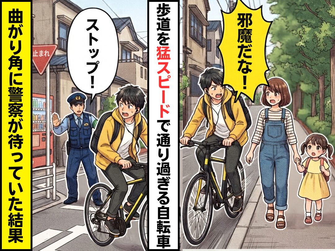 子どもと歩いていると…「邪魔だな！」歩道を猛スピードで通る自転車！？しかし⇒曲がり角に”警察”がいた結果
