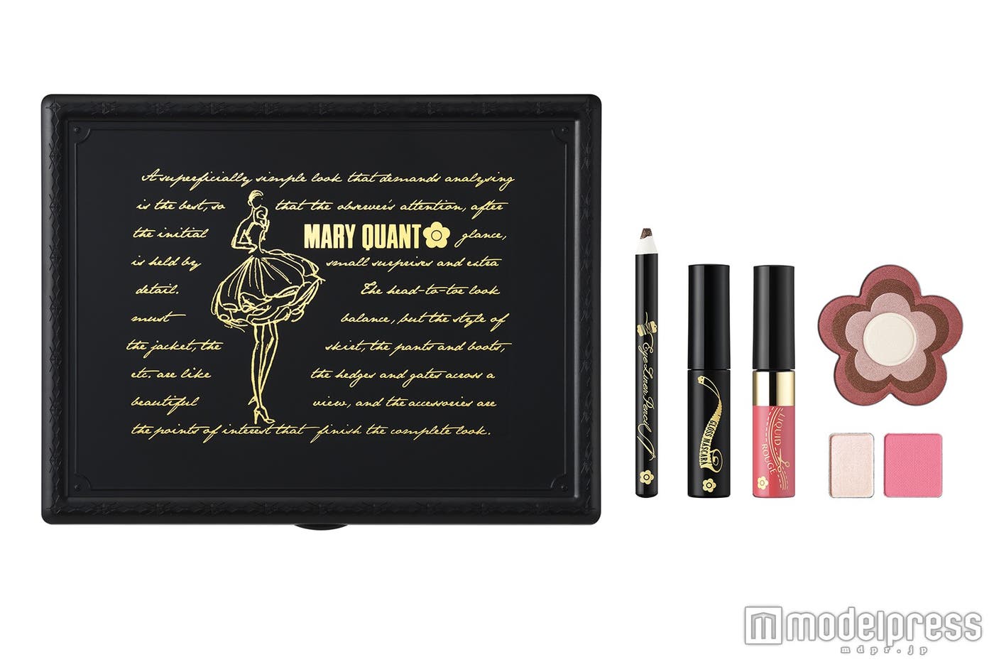 「ザ トップ テーラー メークアップ セット」左から:メークボックス、アイライナー、マスカラ、リキッドルージュ、アイシャドウ2種、チークカラー/9,000円(税抜)