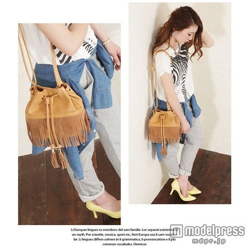 フリンジの巾着バッグなら即ボヘカジに／画像提供：「REAL STYLE」4,104円（税込）