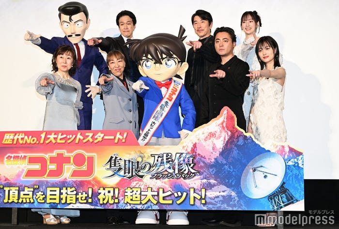 (後列)毛利小五郎、小山力也、高田裕司、小清水亜美(前列)山崎和佳奈、高山みなみ、江戸川コナン、山田孝之、山下美月(C)モデルプレス