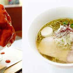 (写真左から)イチゴエスプーマソース900円(税込)、アグー豚塩ラーメン800円(税込)/画像提供:ブンブンブラウカフェウィズビーハイブ