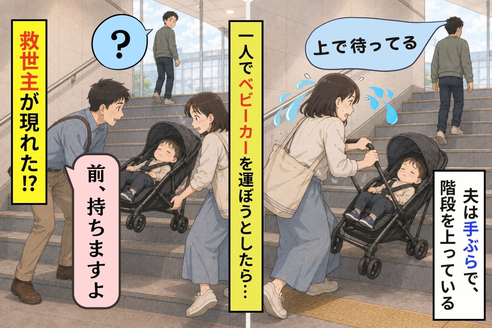 階段でベビーカーを持ってくれた男性、手伝わない夫に返した一言