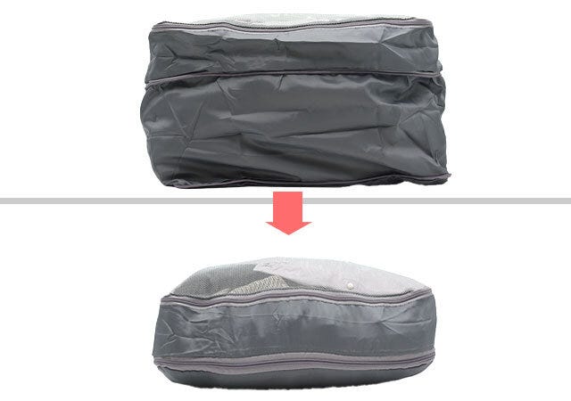 キャンドゥ　衣類圧縮バッグ　メッシュ　使用例　厚み　圧縮