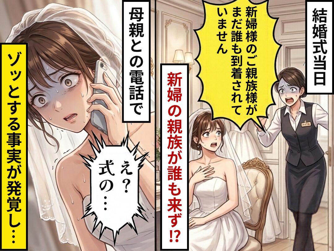 結婚式当日【新婦の親族】が誰も来ず！？しかし「え？式の…」⇒母との電話で【ゾッとする事実】が発覚！？