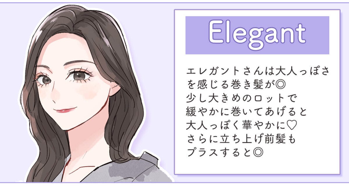 Elegantタイプに似合う大きめロッドで緩やかに巻いた華やか巻き髪女性イラスト