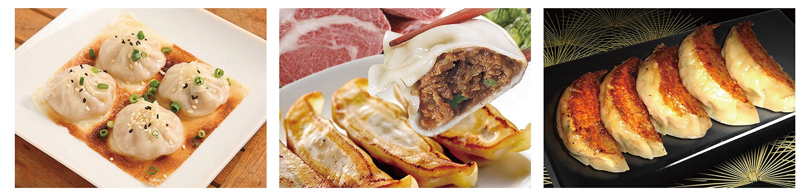 「肉玉そば おとど×浅草開化楼」東京名物 肉汁おとど餃子、「近江牛餃子 包王」肉大盛 近江牛餃子、「肉玉そば おとど×浅草開化楼」東京名物 肉汁おとど餃子／画像提供：AATJ株式会社