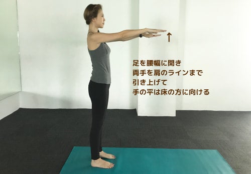 足を腰幅に開き 両手を肩のラインまで 引き上げて 手の平は床の方に向ける