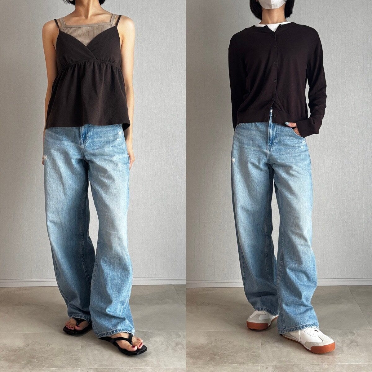 ダメージブルーのバギーバレルレッグジーンズの夏と秋の着回しコーデ ダメージブルーのバギーバレルレッグジーンズの夏と秋の着回しコーデ