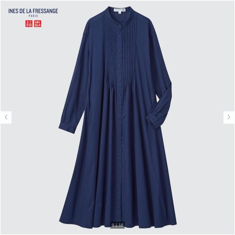 ユニクロ　uniqlo　レディース　アイテム　おすすめ　オススメ　トレンド　人気　コスパ　使える　おしゃれ　お洒落　オシャレ　2022　ワンピース　ワンピ　人気　コラボ　コラボワンピ　コラボワンピース　コットンピンタックワンピース　イネスドラフレサンジュ　inesdelafressange　イネス　イネス・ド・ラ・フレサンジュ　ブルー　シャツワンピース