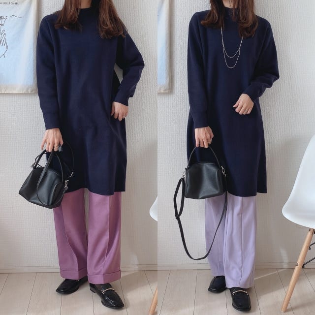 ユニクロ　ニットワンピース　コーデ　パンツ